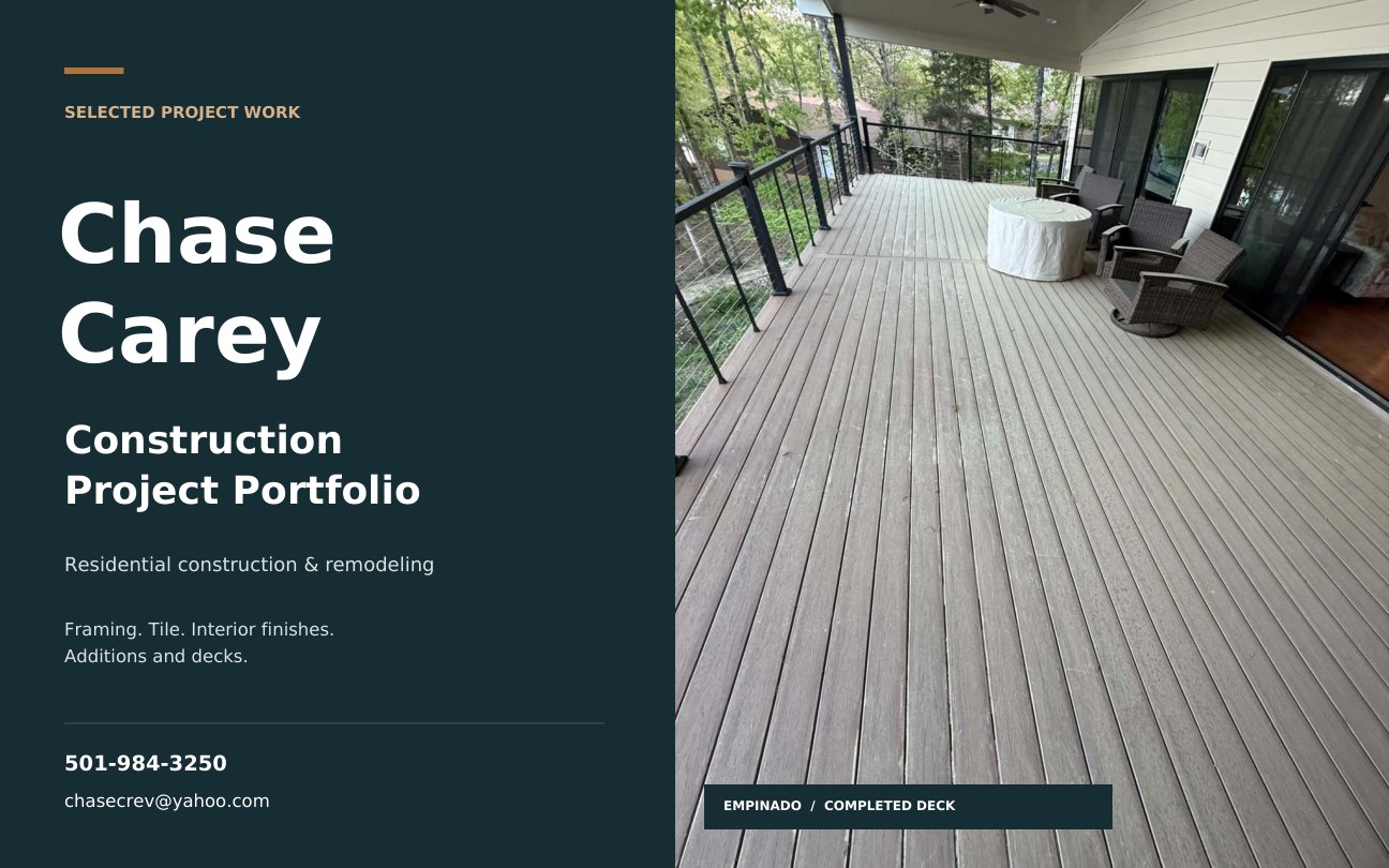 Chase Carey's construction portfolio cover showing a completed deck